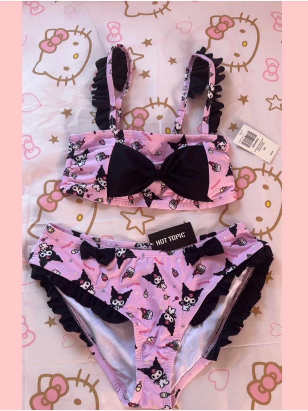 Hot Topic Pink Kuromi Ruffle Bikini Set with Black Accents